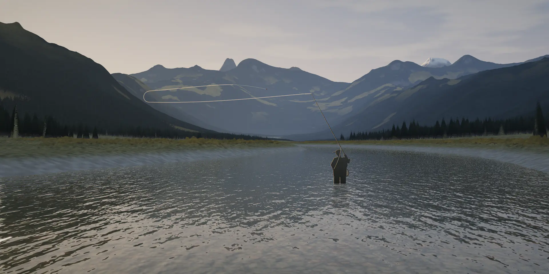 A fly angler wading a mountain river mid-cast, the line unrolling over the water beneath forested slopes and distant peaks.